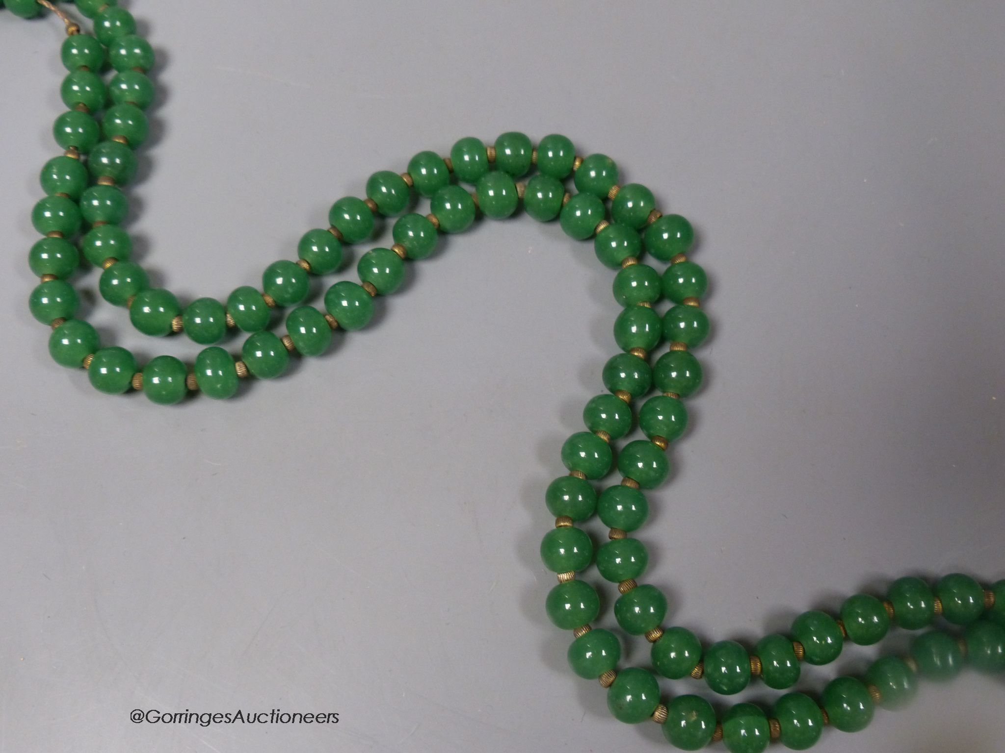 A single strand simulated jade bead necklace, 114cm.